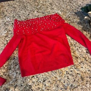 Charter Club Red Off-Shoulder 100% Cashmere Sweater with Pearl Accents